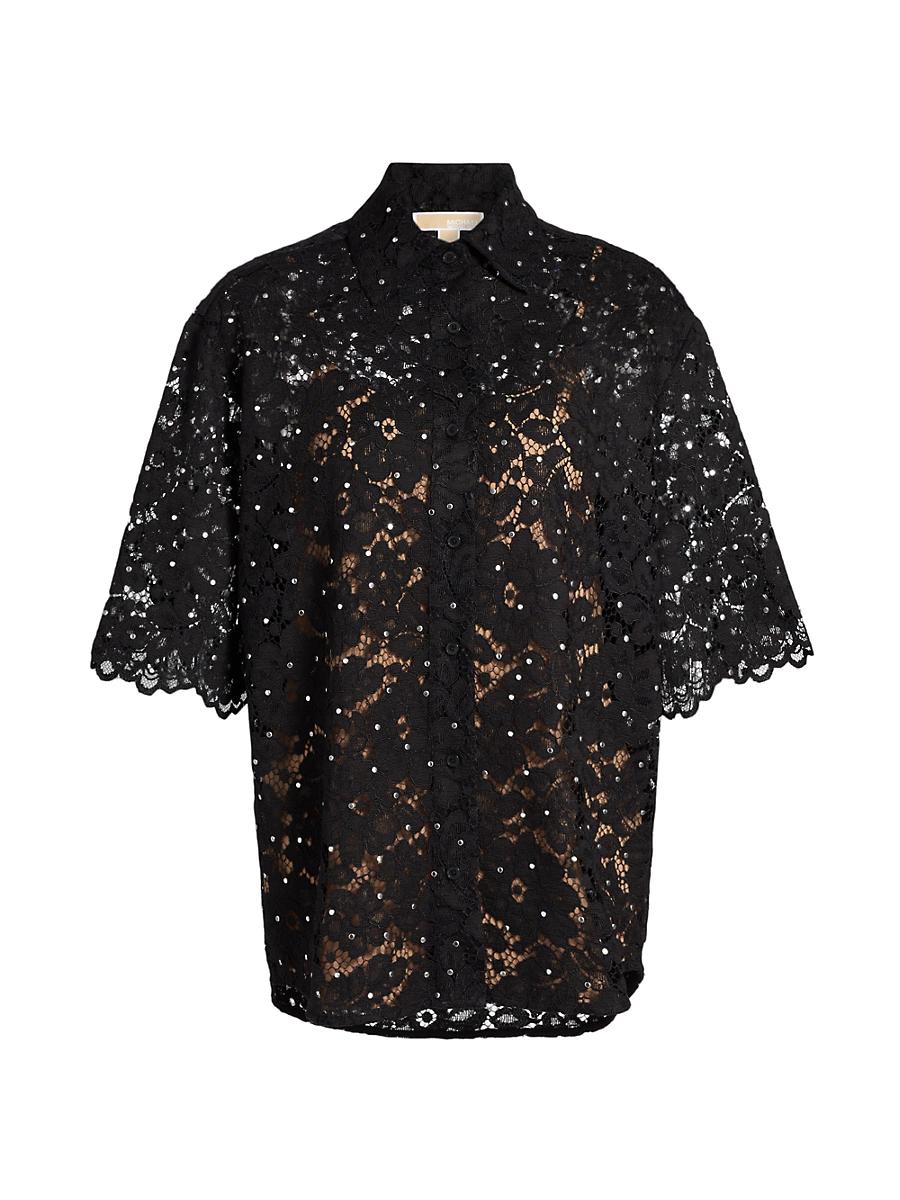 Womens Studded Floral Lace Shirt Product Image