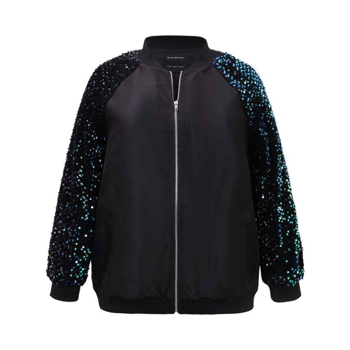 Plus Size Sequin Detail Patchwork Pocket Jacket Women Black Elastic cuffs Pocket Dailywear Jackets BloomChic 30/6X Product Image