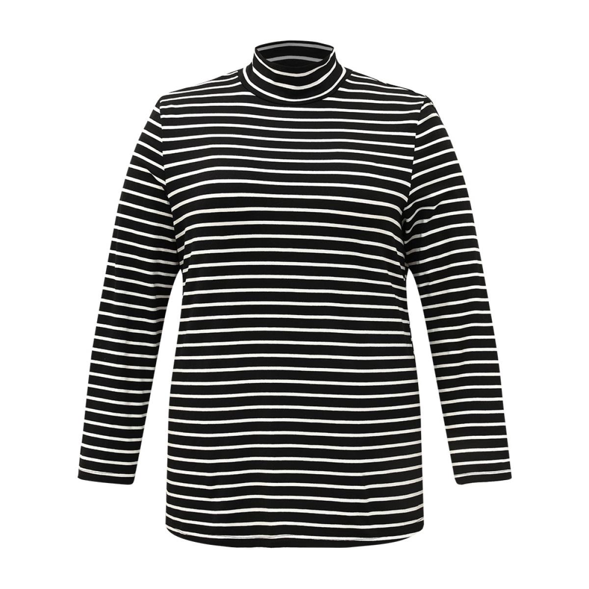 Plus Size Cotton Striped Funnel Neck T-shirt Black Women Casual Contrast Striped Turtleneck Dailywear T-shirts BloomChic 14-16/1X Product Image