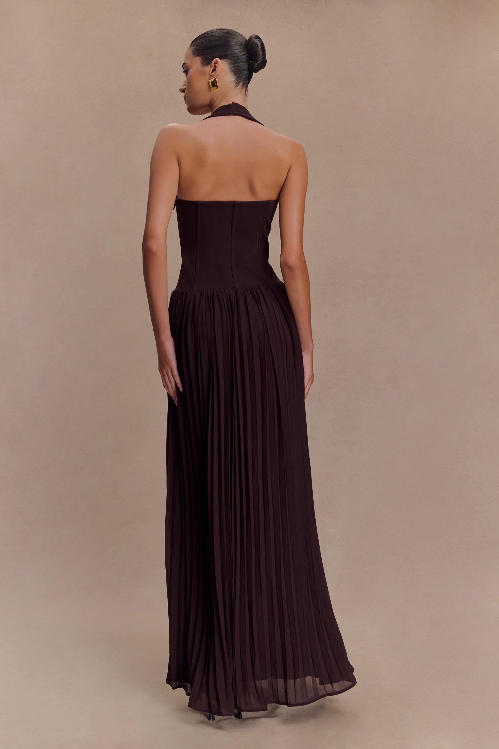 Stacie Pleated Halter Maxi Dress - Cacao Product Image