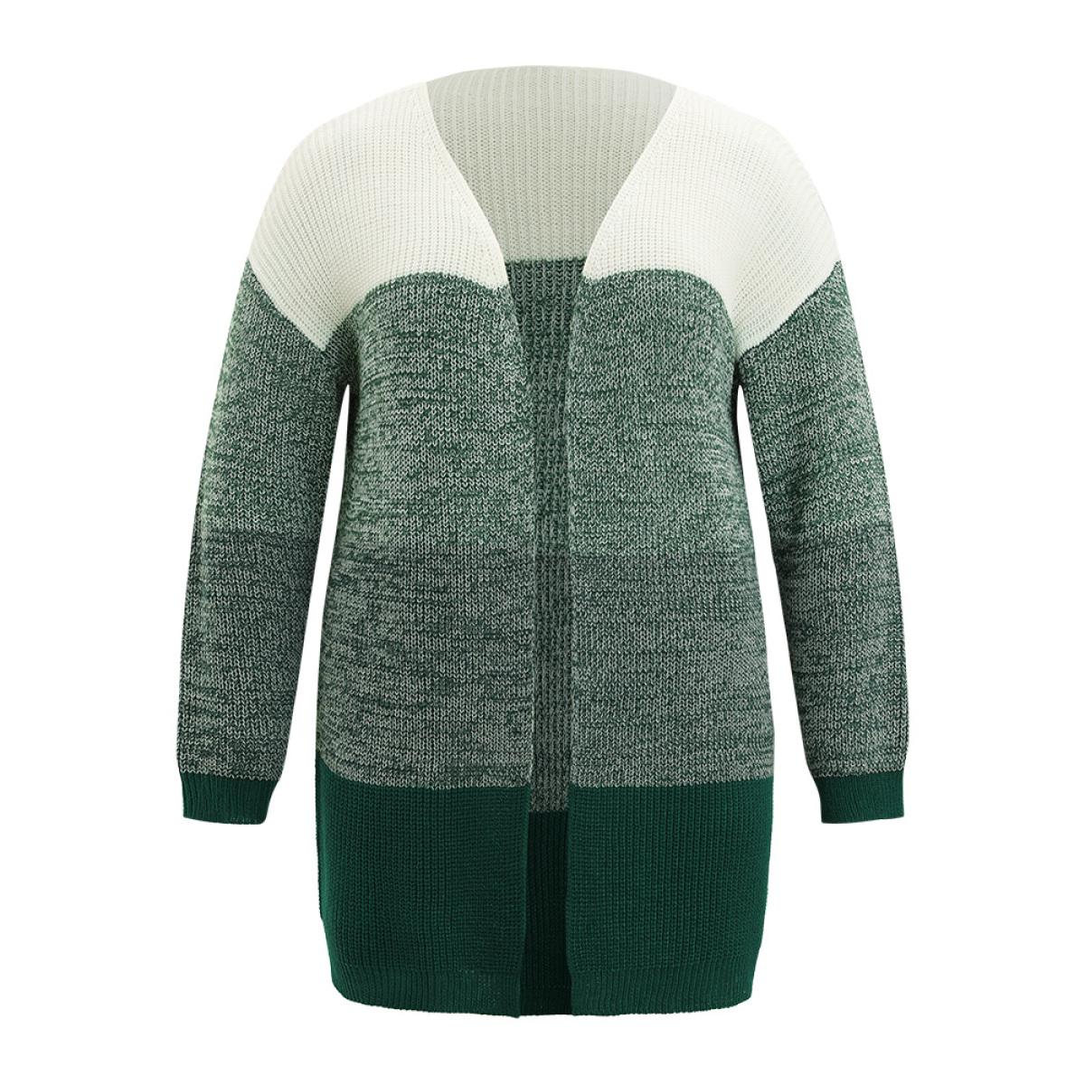 Plus Size Colorblock Drop Shoulder Patchwork Cardigan Green Women Casual Loose Long Sleeve Dailywear Cardigans BloomChic 12/L Product Image