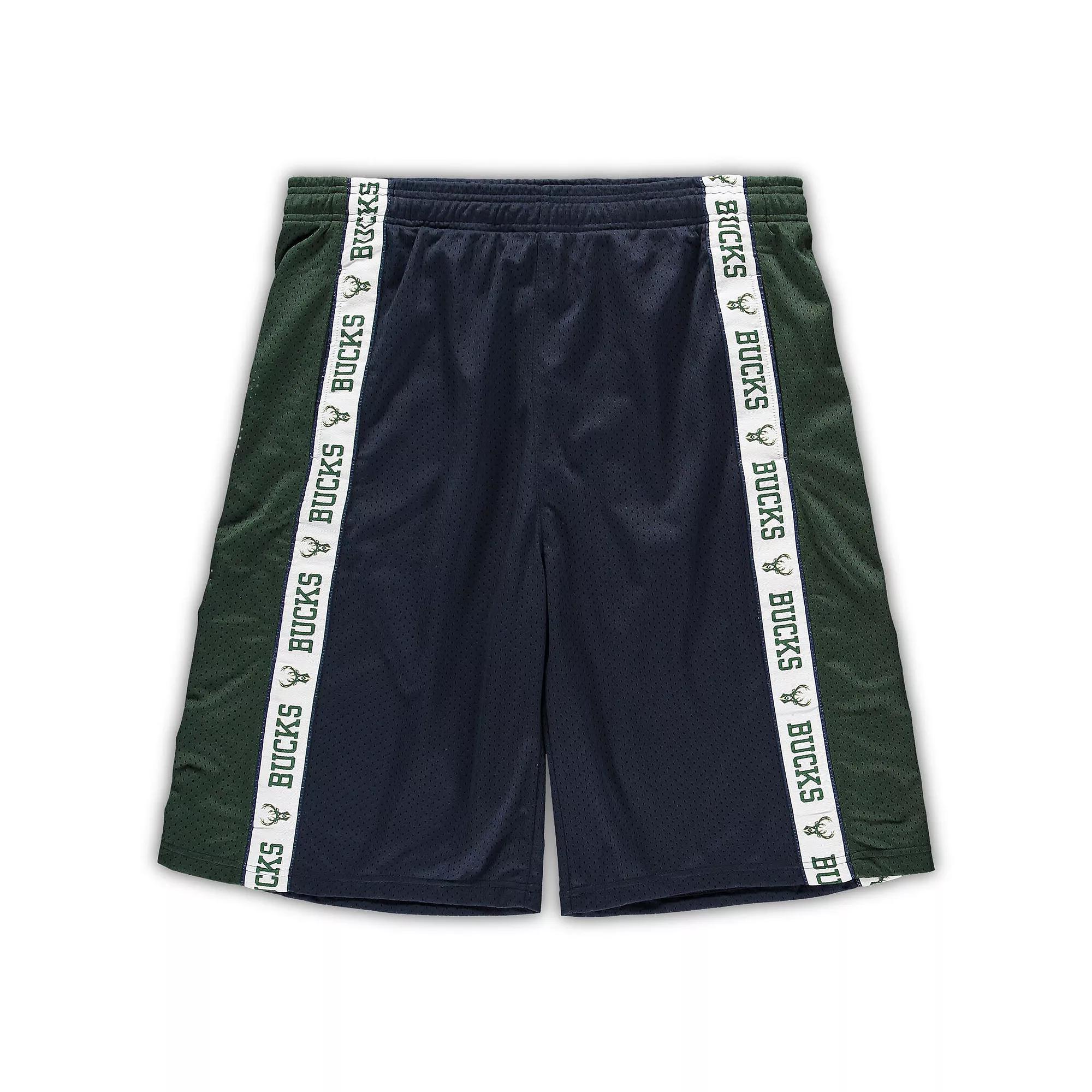 Men's Fanatics Branded Navy/Hunter Green Milwaukee Bucks Big & Tall Tape Mesh Shorts,  Product Image