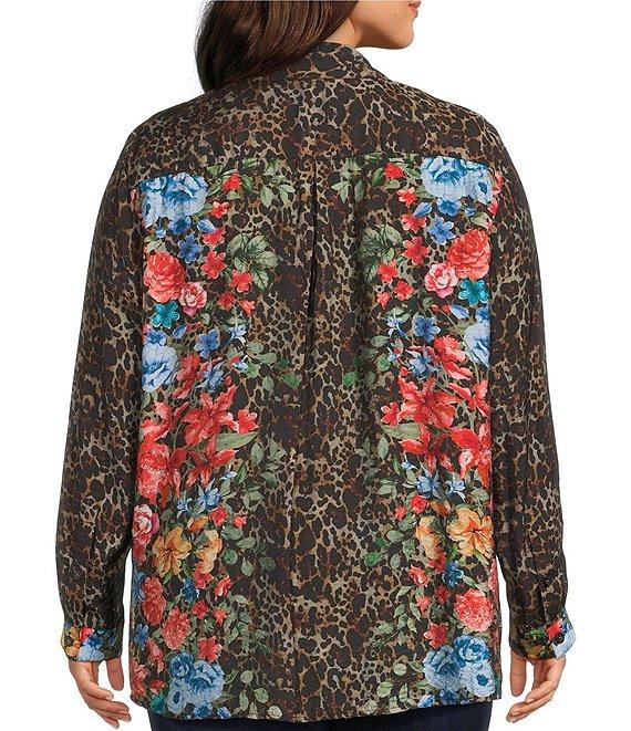 John Mark Plus Size Animal Skin Floral Multi Print Point Collar Long Roll-Tab Sleeve Button Front Tunic Product Image