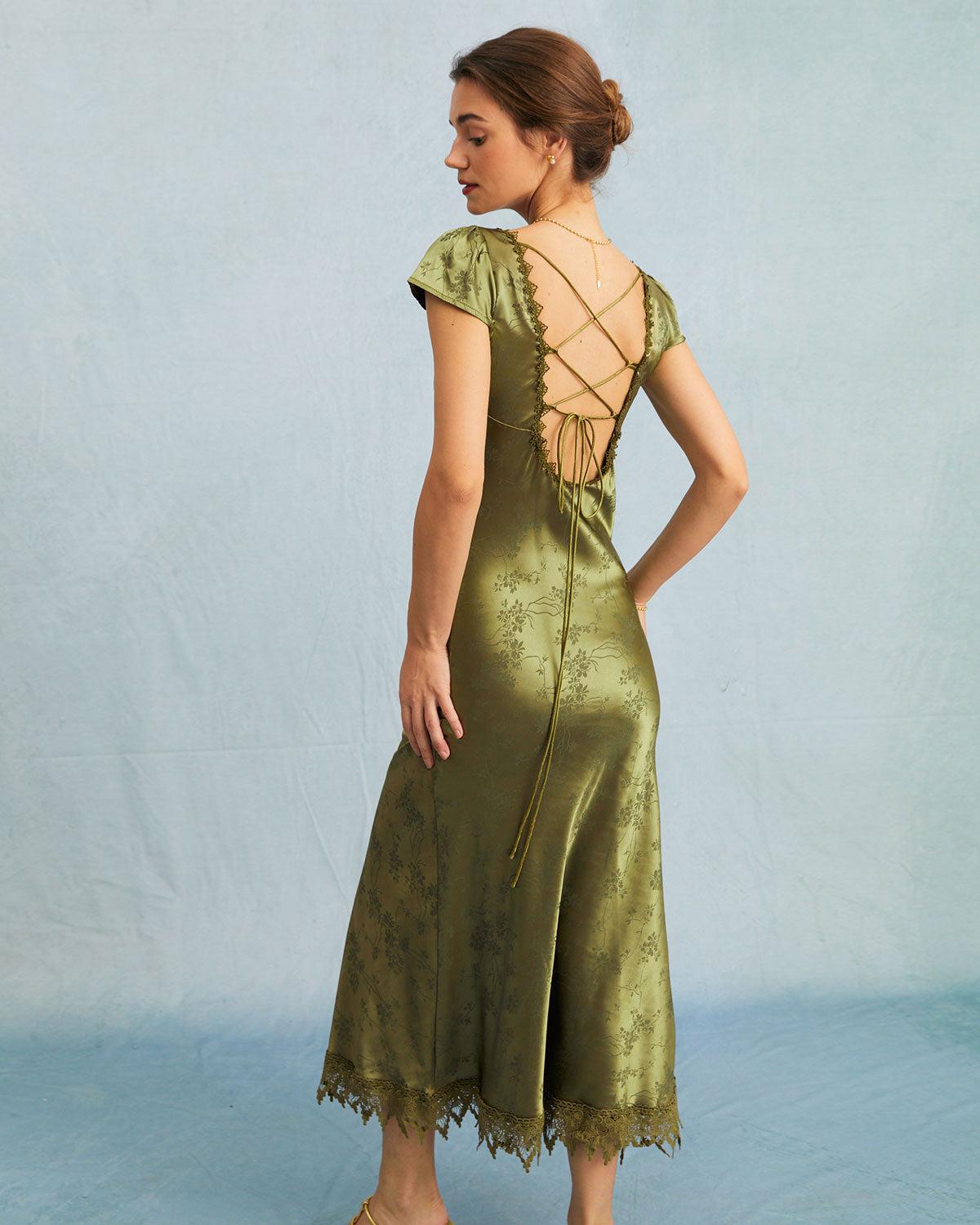 The Green Jacquard Cap Sleeve Satin Midi Dress Product Image