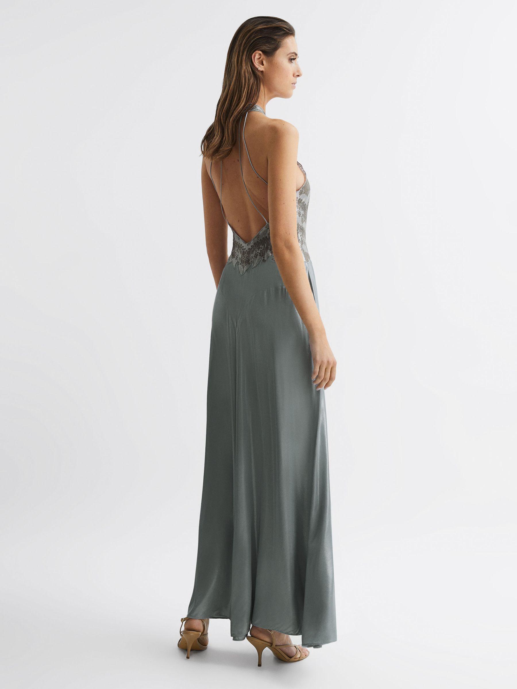 Fitted Lace Halter Neck Maxi Dress in Silver Product Image