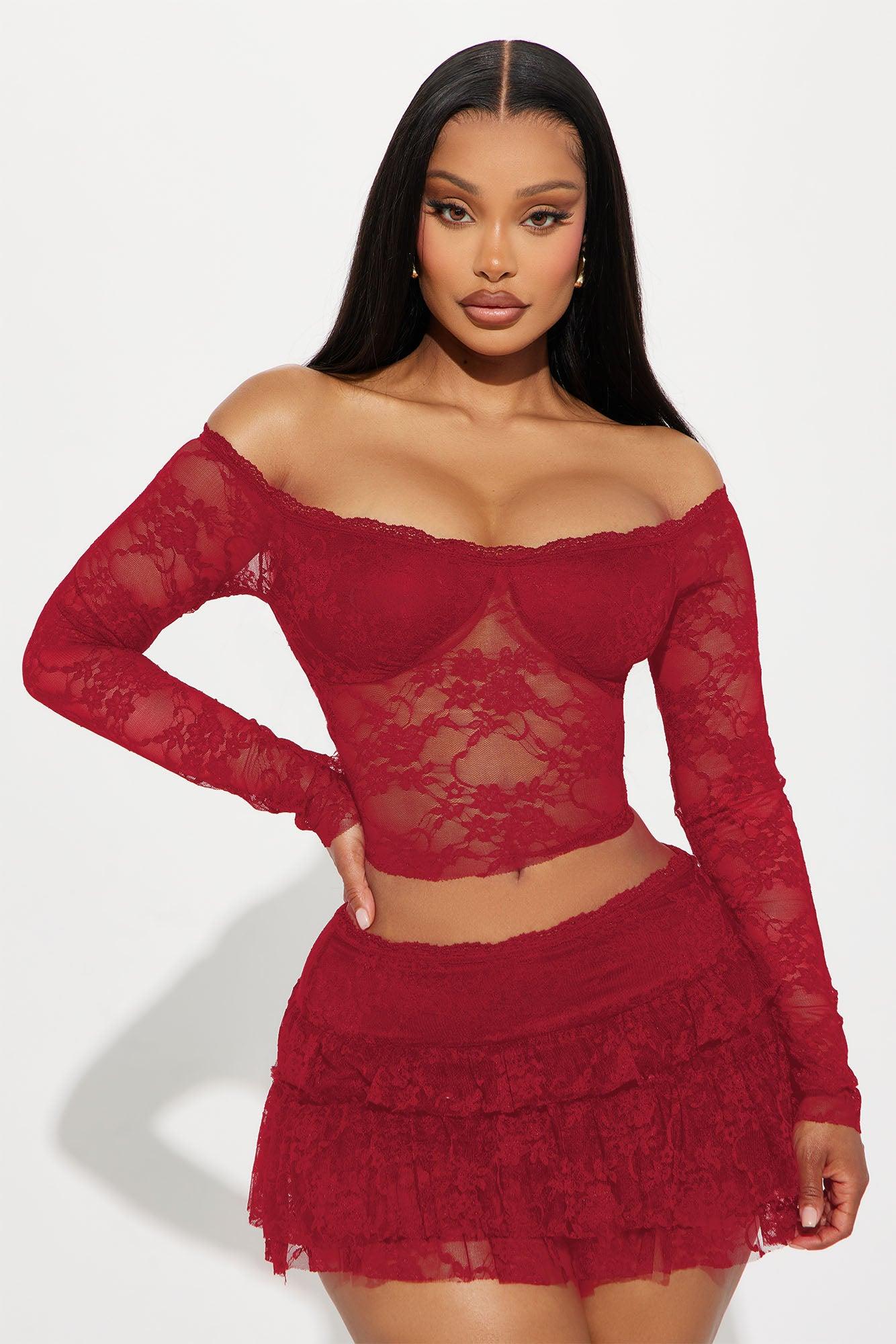 Adryana Ruffled Lace Skirt Set - Red Product Image