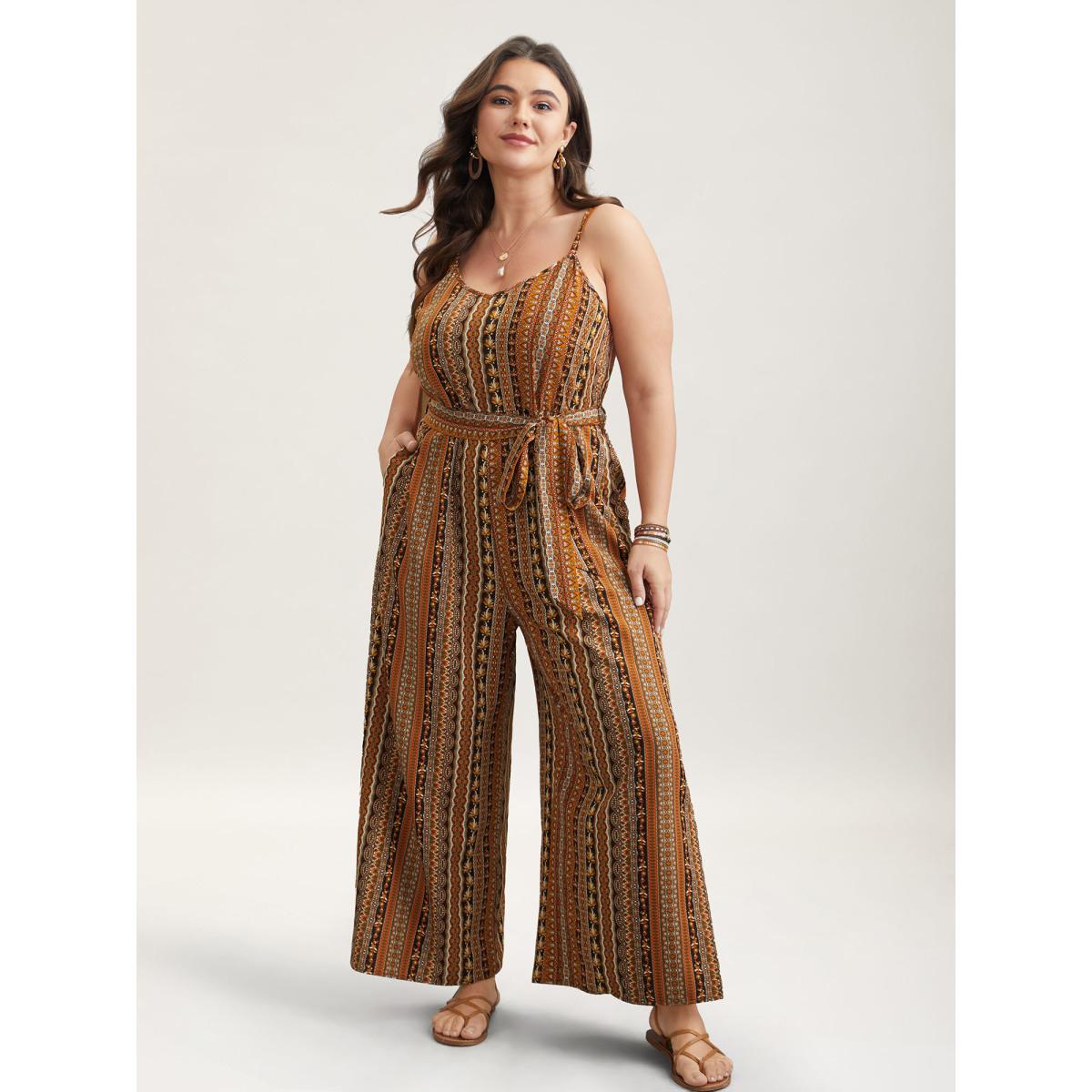 Plus Size DarkBrown Boho Stripes Belted Straight Leg Jumpsuit Women Resort Sleeveless V-neck Vacation Loose Jumpsuits BloomChic 22-24/3X Product Image
