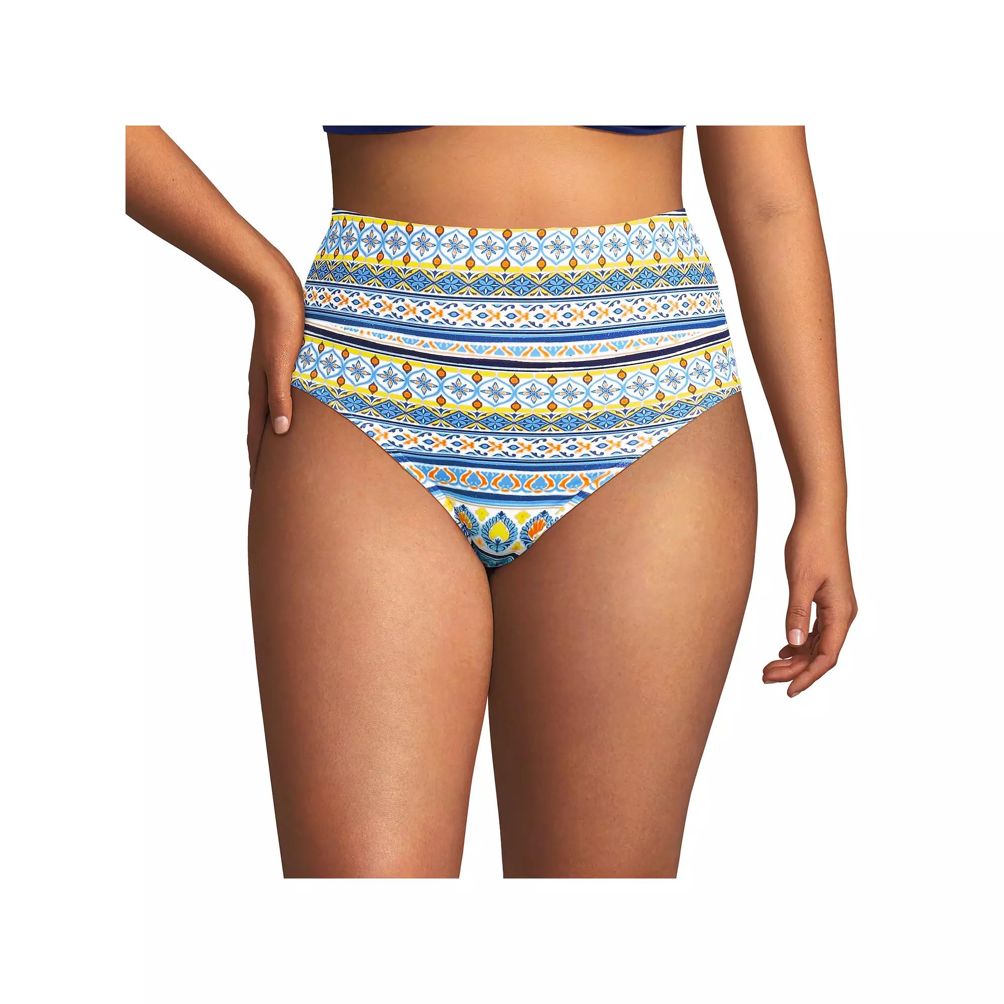 Plus Size Lands' End Size Tugless High Waisted Bikini Bottoms, Women's, Size: 24 W, White Mosaic Stripe Product Image