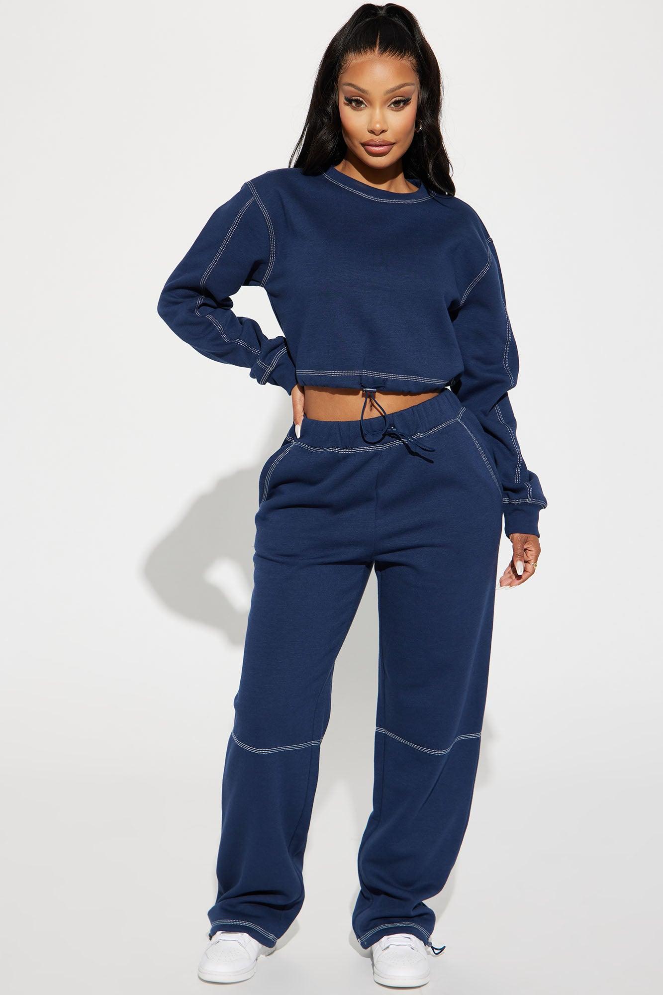 Aria Contrast Stitch Fleece Lounge Crew Neck - Navy Product Image