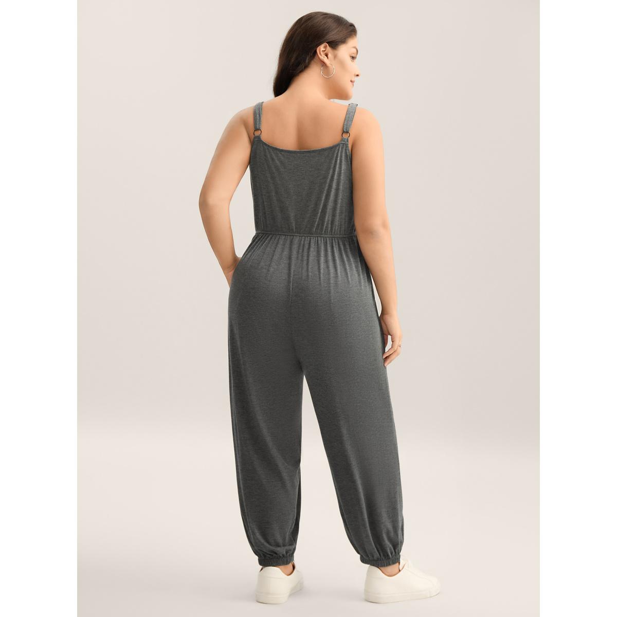 Plus Size DimGray Stretchy Pleated Straps Pockets Jumpsuit Women Sleeveless Non Casual Loose Jumpsuits BloomChic 22-24/3X Product Image