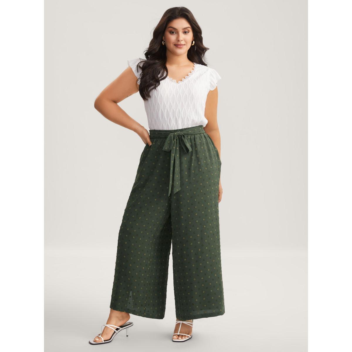 Plus Size Textured Dots Belted Slit Flowy Pants Women ArmyGreen Elegant Wide Leg Mid Rise Everyday-Elegant Pants BloomChic 14-16/1X Product Image
