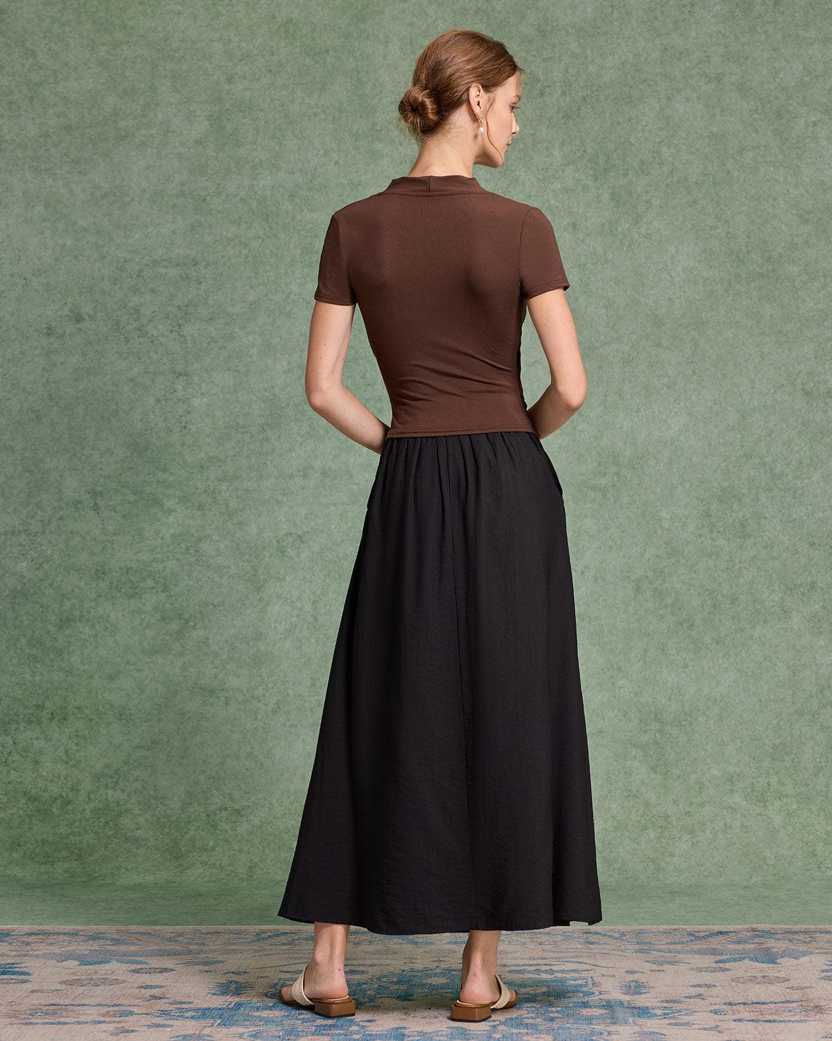 Brown Ruched Slim Knit Tee Product Image
