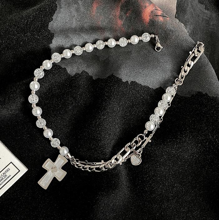 HALF PEARL HALF DOUBLE CHAIN CROSS NECKLACE Product Image