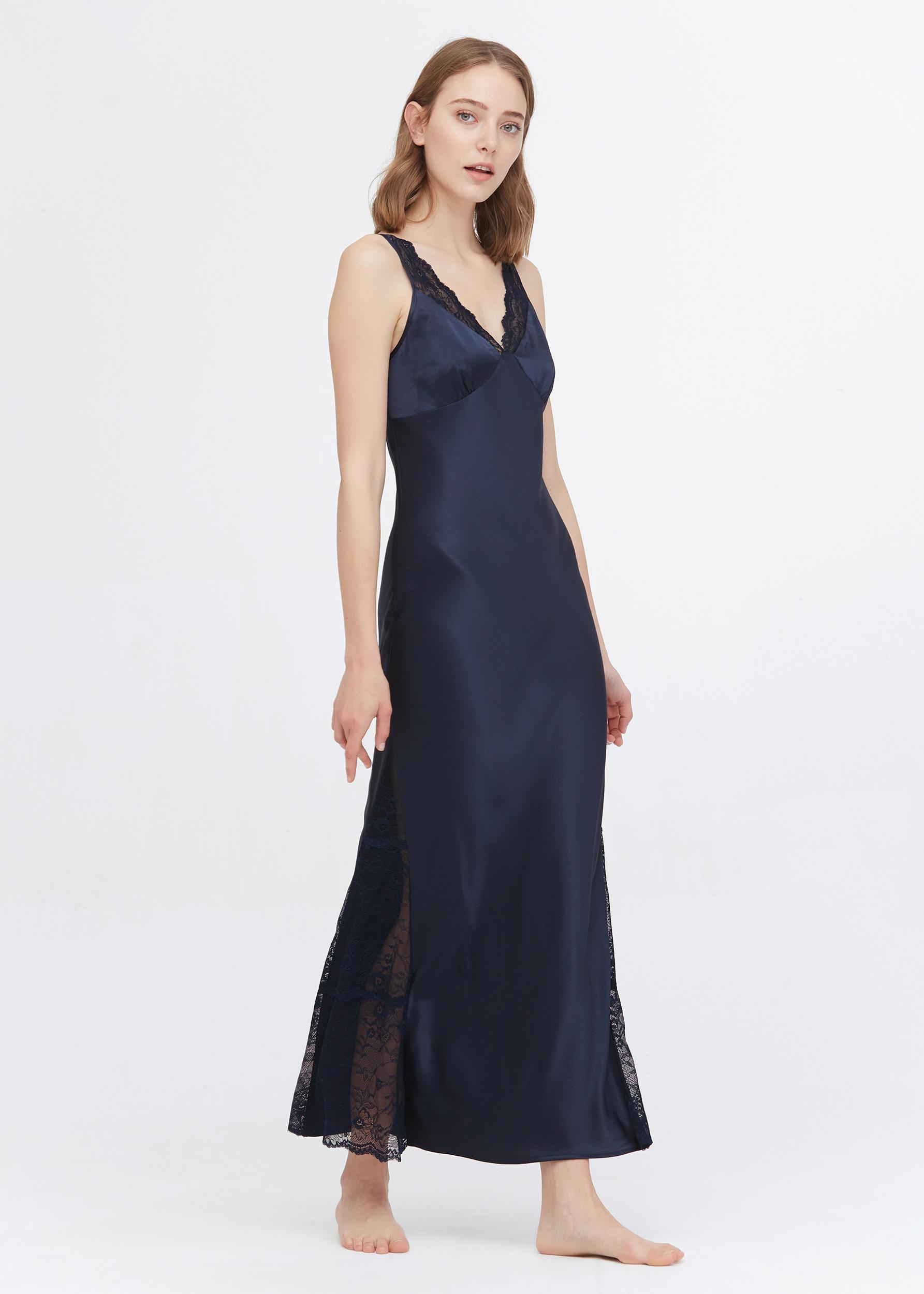 LILYSILK Silk Night Gown for Women Navy Blue Smooth Adjustable Straps Naturally Hypoallergenic XL Product Image
