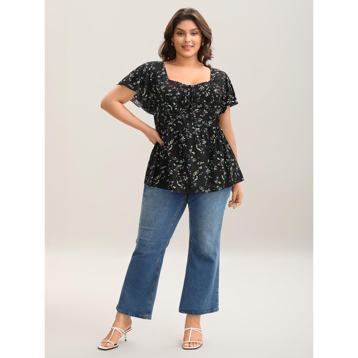 Plus Size Black Floral Print Bow Waist-Cinched Shirt Women Cap Sleeve Heart neckline Everyday-Elegant Blouses BloomChic 12/L Product Image