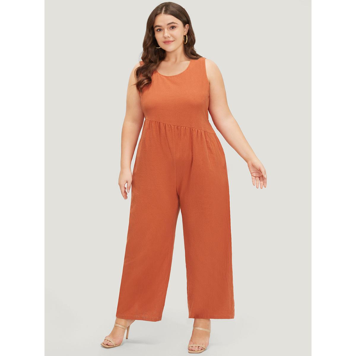 Plus Size OrangeRed Plain Pocket Zipper Patchwork Tank Jumpsuit Women Casual Sleeveless Round Neck Dailywear Loose Jumpsuits BloomChic 22-24/3X Product Image