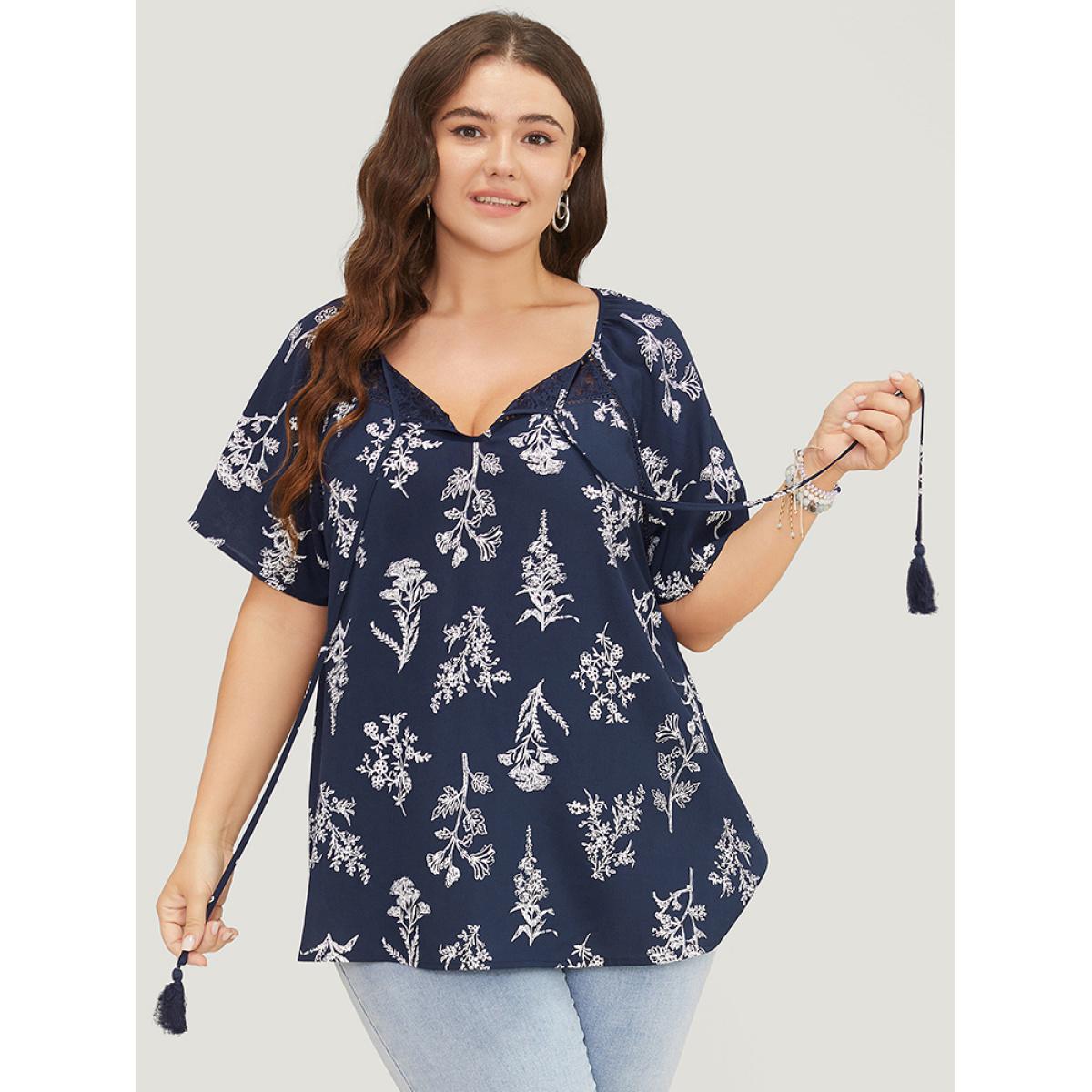 Plus Size Indigo Floral Tassels Tie Neck Contrast Lace Blouse Women Elegant Short sleeve Tie Neck Dailywear Blouses BloomChic 28/5X Product Image