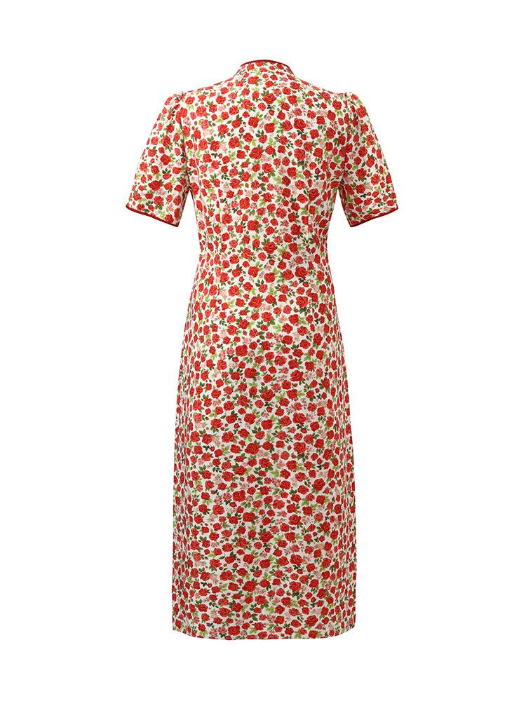 Red Rose Print Cheongsam Women Qipao Midi Dress Product Image