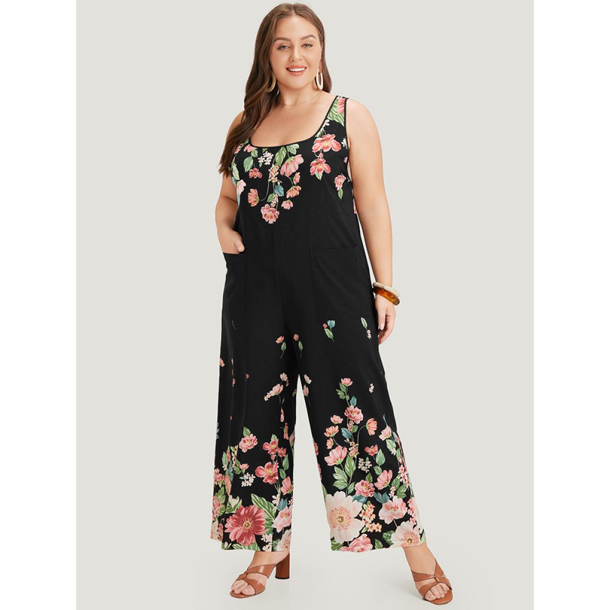 Plus Size Black Floral Square Neck Zip Back Pocket Jumpsuit Women Elegant Sleeveless Square Neck Dailywear Loose Jumpsuits BloomChic 28/5X Product Image