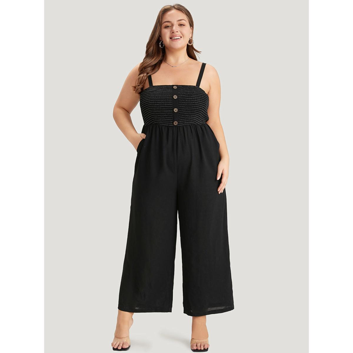Plus Size Black Striped Patchwork Pocket Button Detail Shirred Cami Jumpsuit Women Casual Sleeveless Spaghetti Strap Dailywear Loose Jumpsuits BloomChic 28/5X Product Image