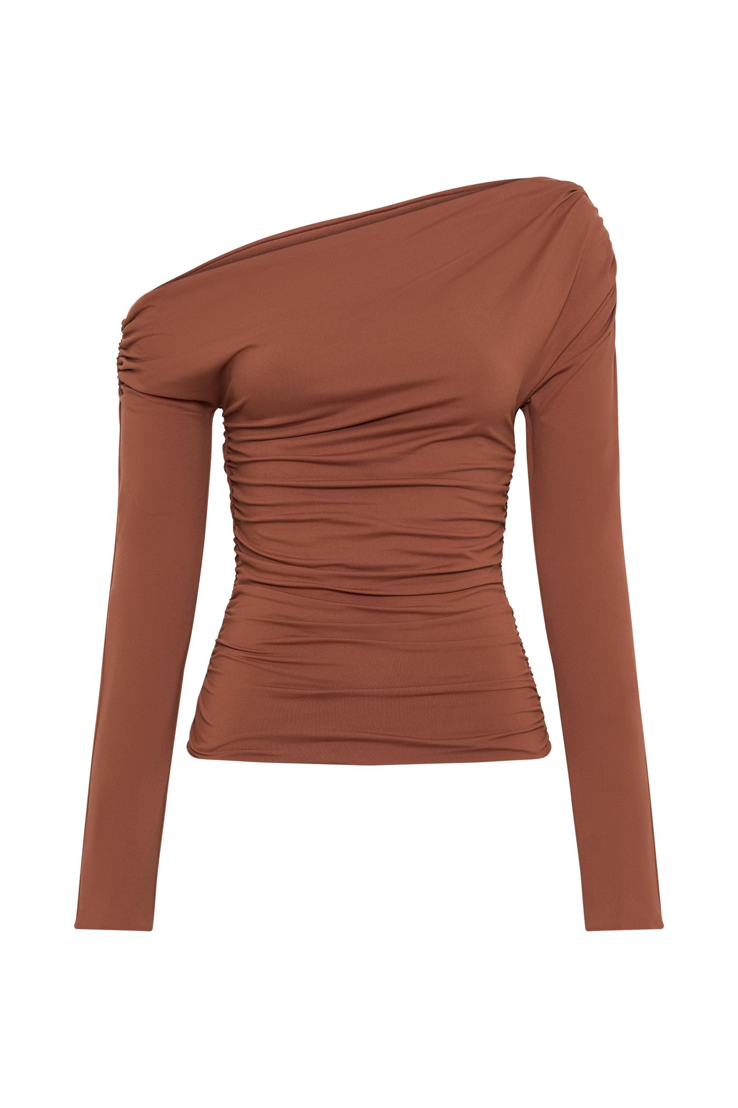 Alayna Long Sleeve Recycled Nylon Ruched Top - Wood Product Image