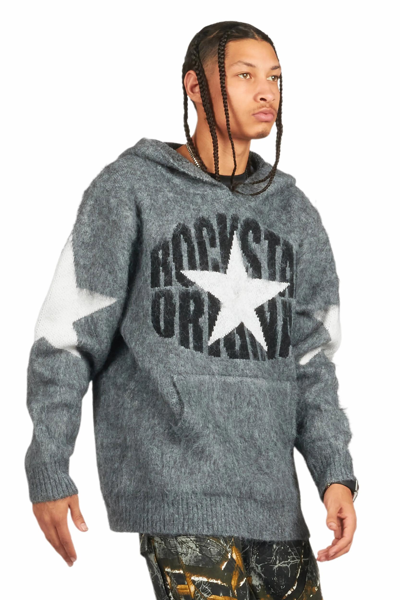 States Grey Graphic Knitted Mohair Hoodie Male Product Image