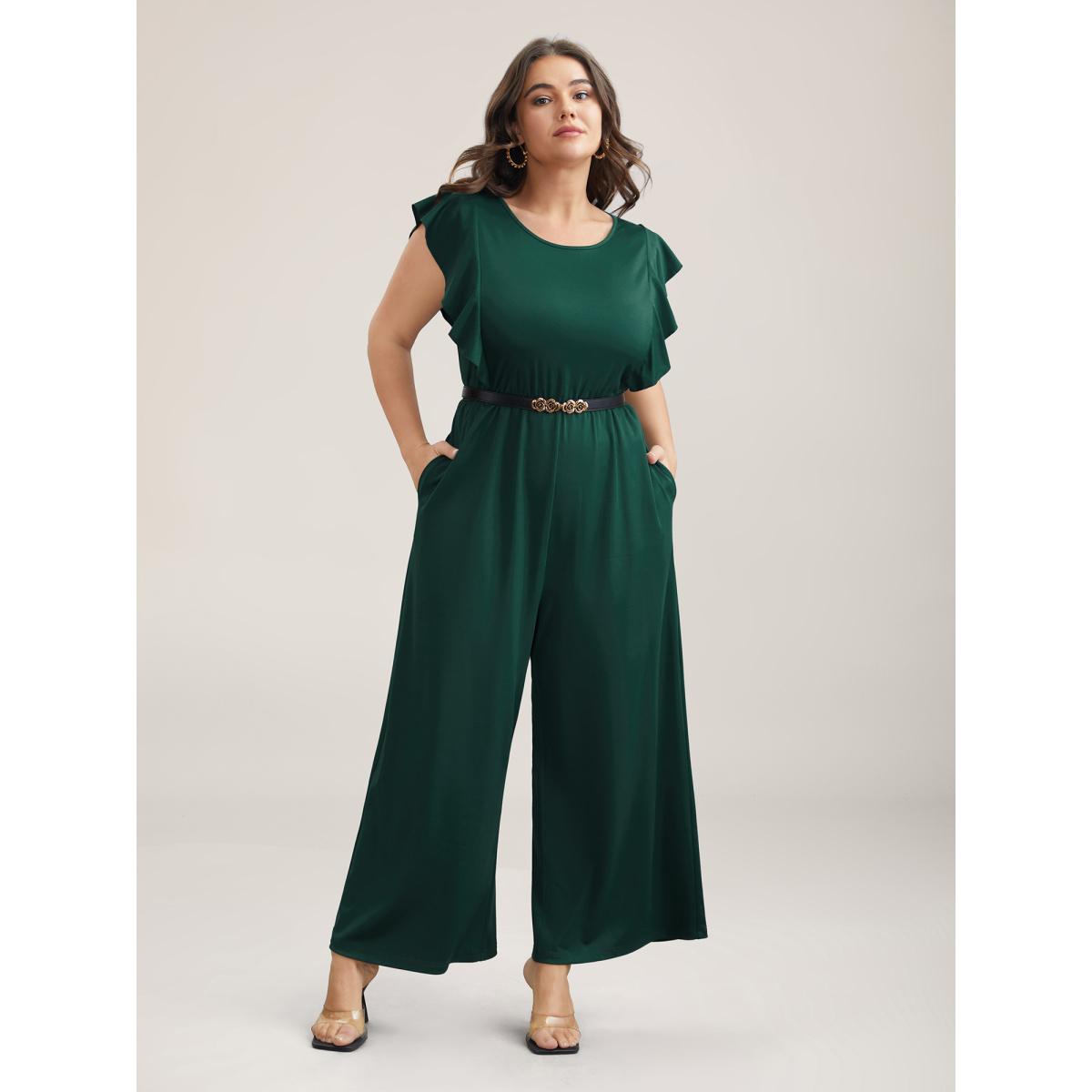 Plus Size DarkGreen Flutter Sleeve Waist Cinched Flared Jumpsuit Women Elegant Cap Sleeve Round Neck Everyday-Elegant Loose Jumpsuits BloomChic 22-24/3X Product Image
