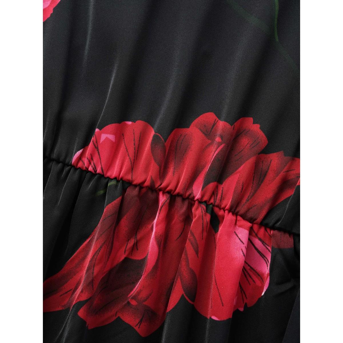 Plus Size Floral Elastic Waist Lantern Sleeve Dress Black Women Elegant Non V-neck Long Sleeve Curvy BloomChic 28/5X Product Image