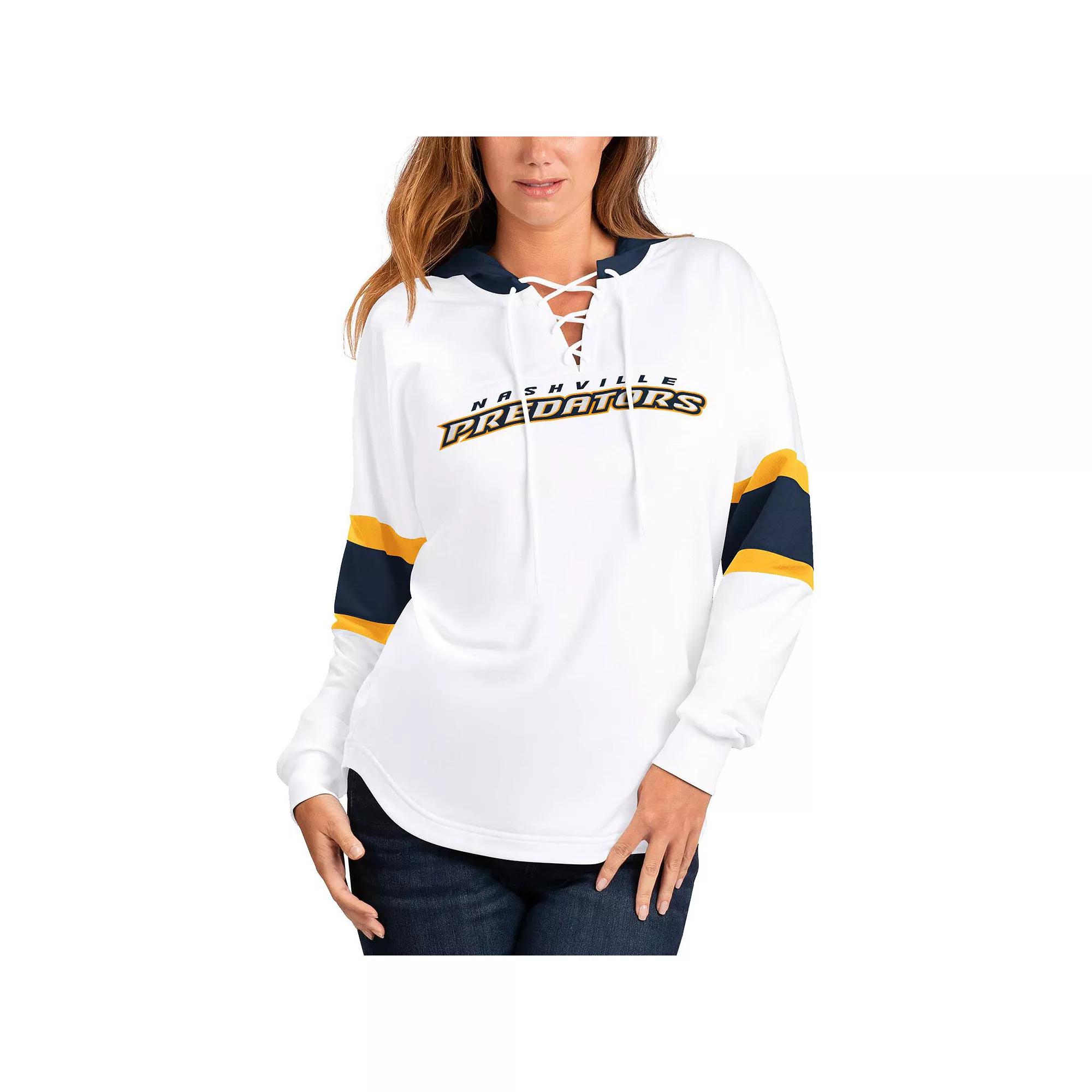 Women's G-III 4Her by Carl Banks White/Navy Nashville Predators Goal Zone Long Sleeve Lace-Up Hoodie T-Shirt,  Product Image