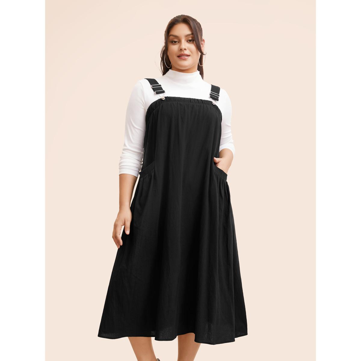 Plus Size Solid Gathered Adjustable Straps Overall Dress Black Women Casual Non Non Sleeveless Curvy BloomChic 30/6X Product Image