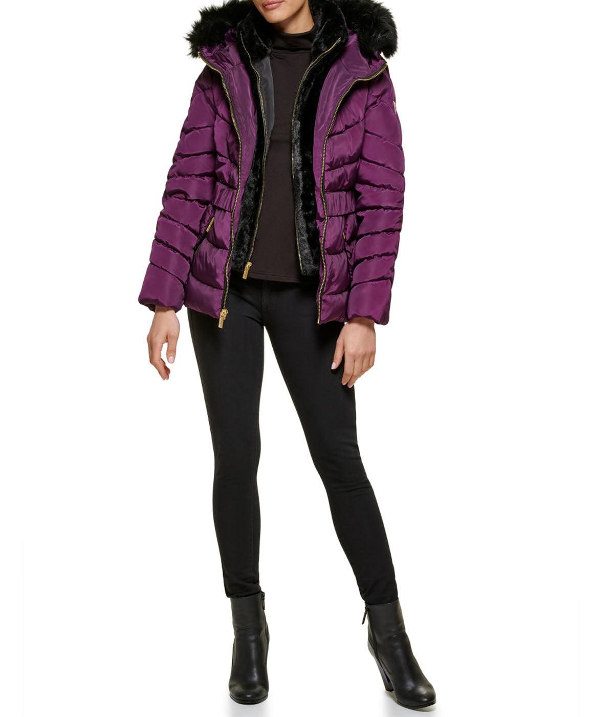 Faux Fur Trim Puffer Jacket 2 Eggplant Product Image