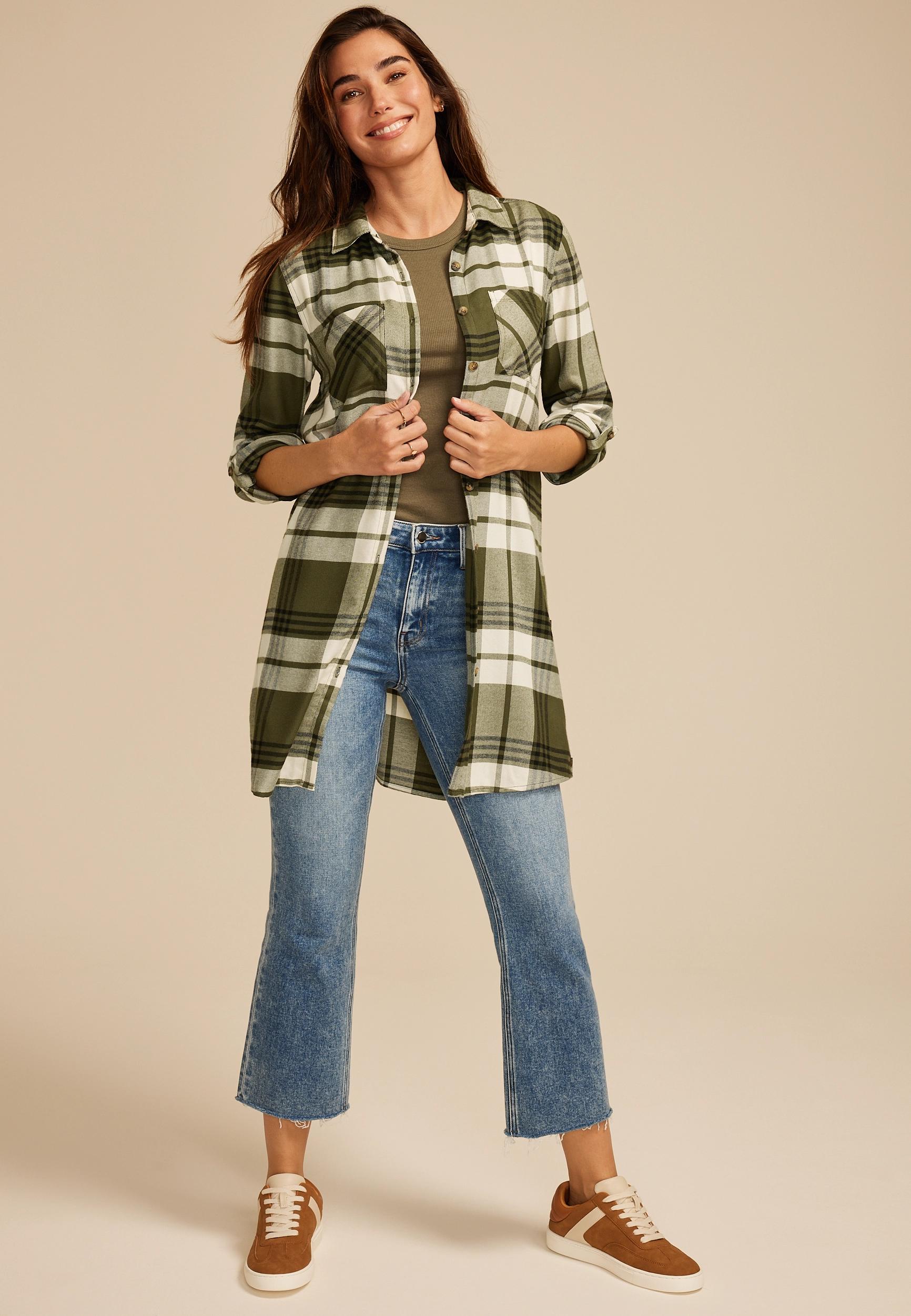 Olive Plaid Button Down Duster Shirt Product Image