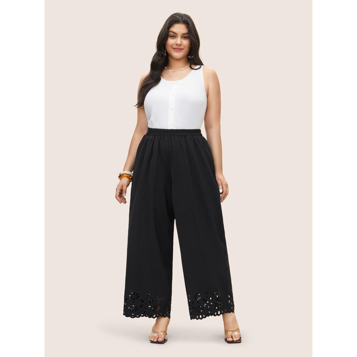 Plus Size Laser Cut Elastic Waist Wide Leg Pants Women Black Timeless Wide Leg High Rise Elegant Pants BloomChic 28/5X Product Image