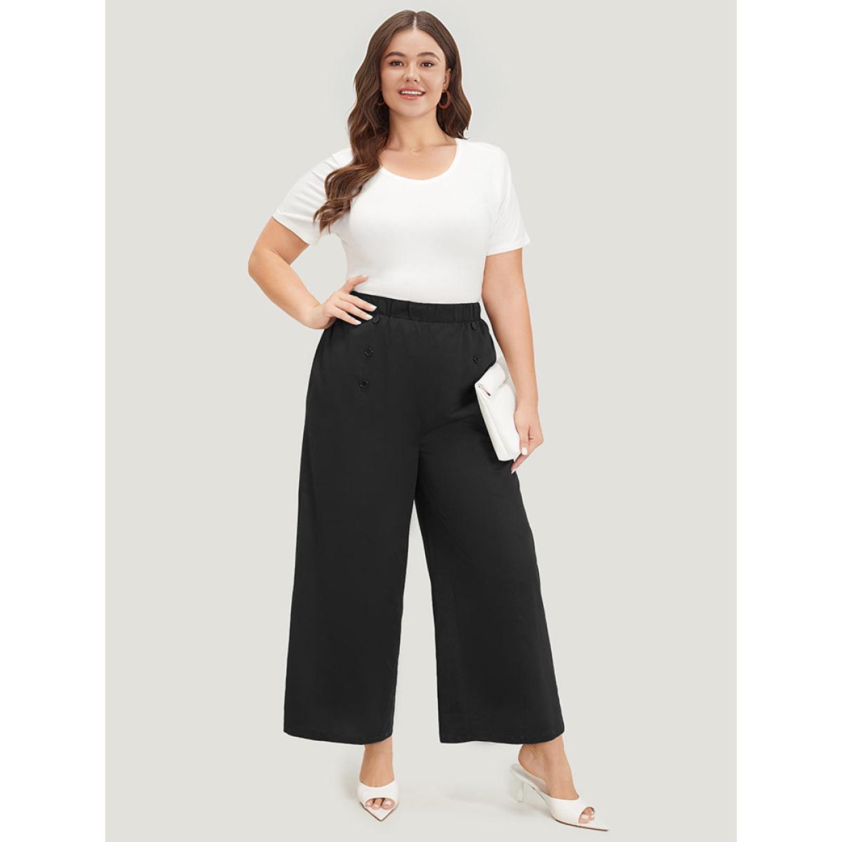 Plus Size Solid Button Detail Pocket Straight Leg Pants Women Black Office Straight Leg High Rise Work Pants BloomChic 12/L Product Image