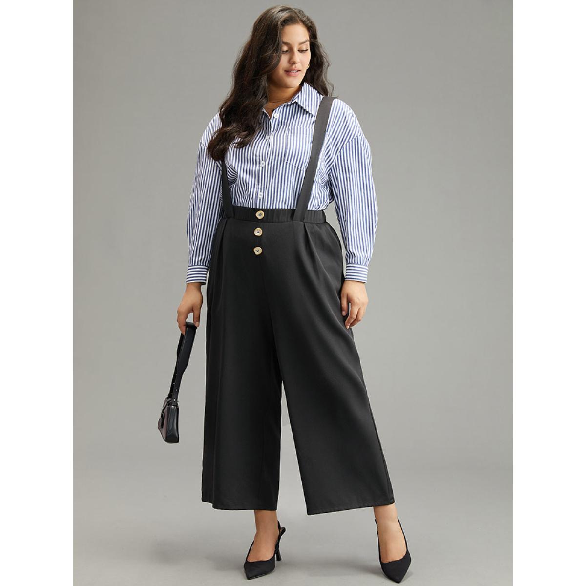 Plus Size Plain Button Detail Pocket Overall Pants Women Black Office Straight Leg High Rise Work Pants BloomChic 10/M Product Image