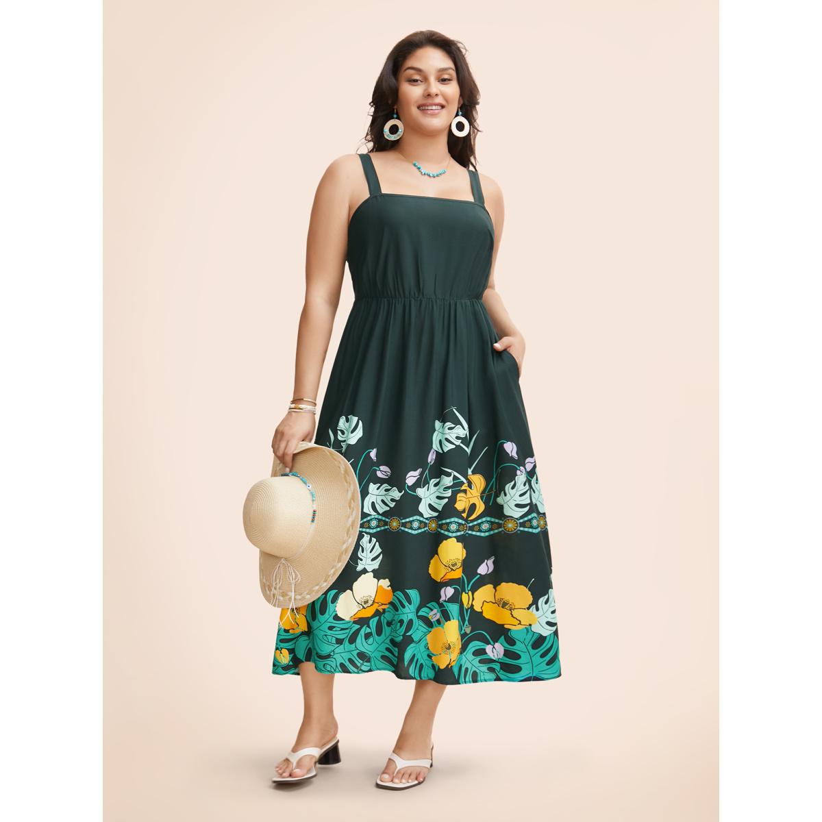 Plus Size Boho Print Elastic Waist Cami Dress Cyan Women Resort Gathered Non Sleeveless Curvy BloomChic 10/M Product Image