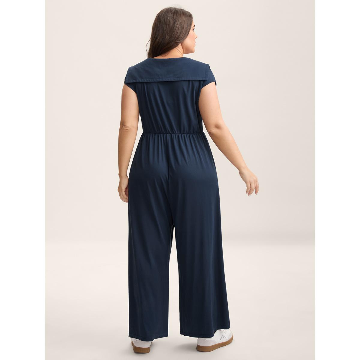 Plus Size Navy Zipper Front Pockets Collar Jumpsuit Women Cap Sleeve V-neck Everyday-Casual Loose Jumpsuits BloomChic 30/6X Product Image