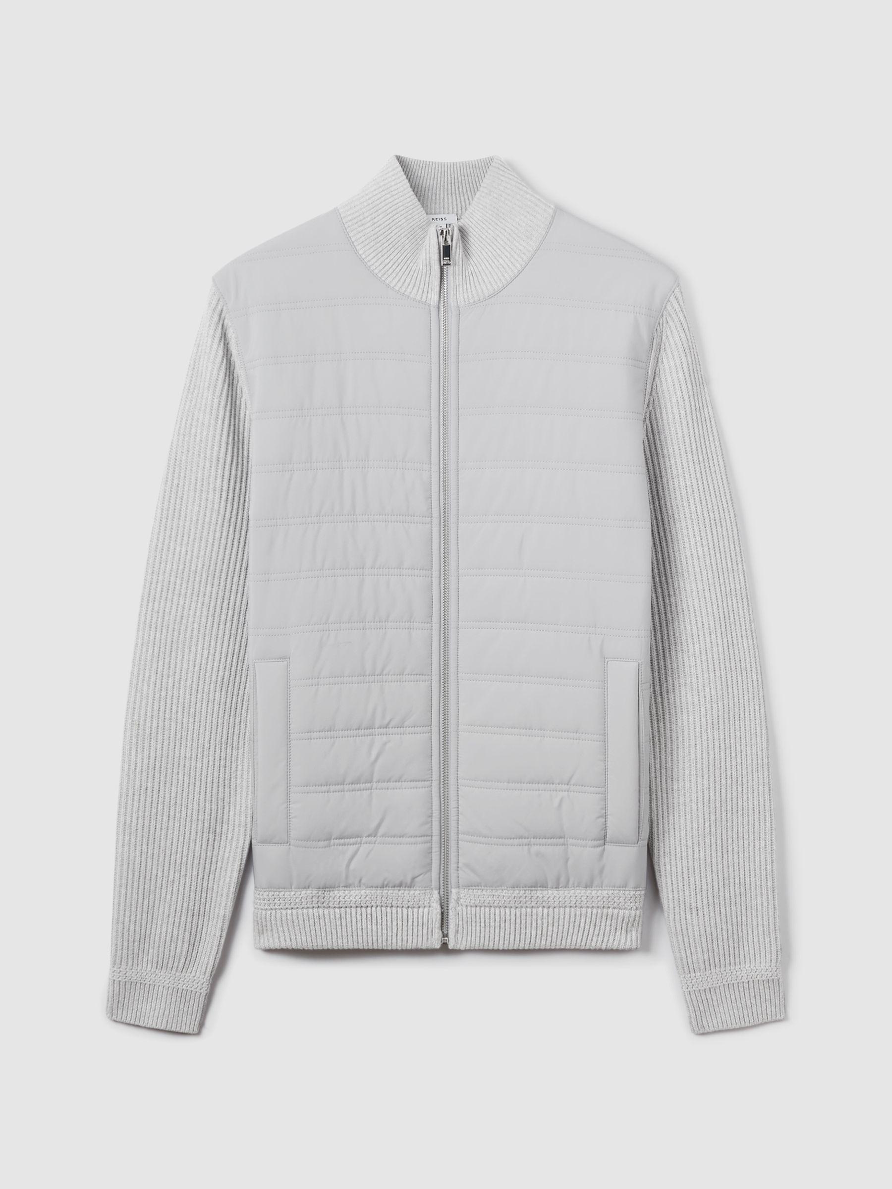 Hybrid Quilt and Knit Zip-Through Jacket in Soft Grey Product Image