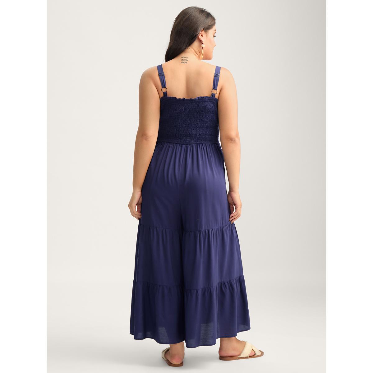 Plus Size DarkBlue Shirred Bodice Tiered Cami Jumpsuit Women Short sleeve Non Vacation Loose Jumpsuits BloomChic 12/L Product Image