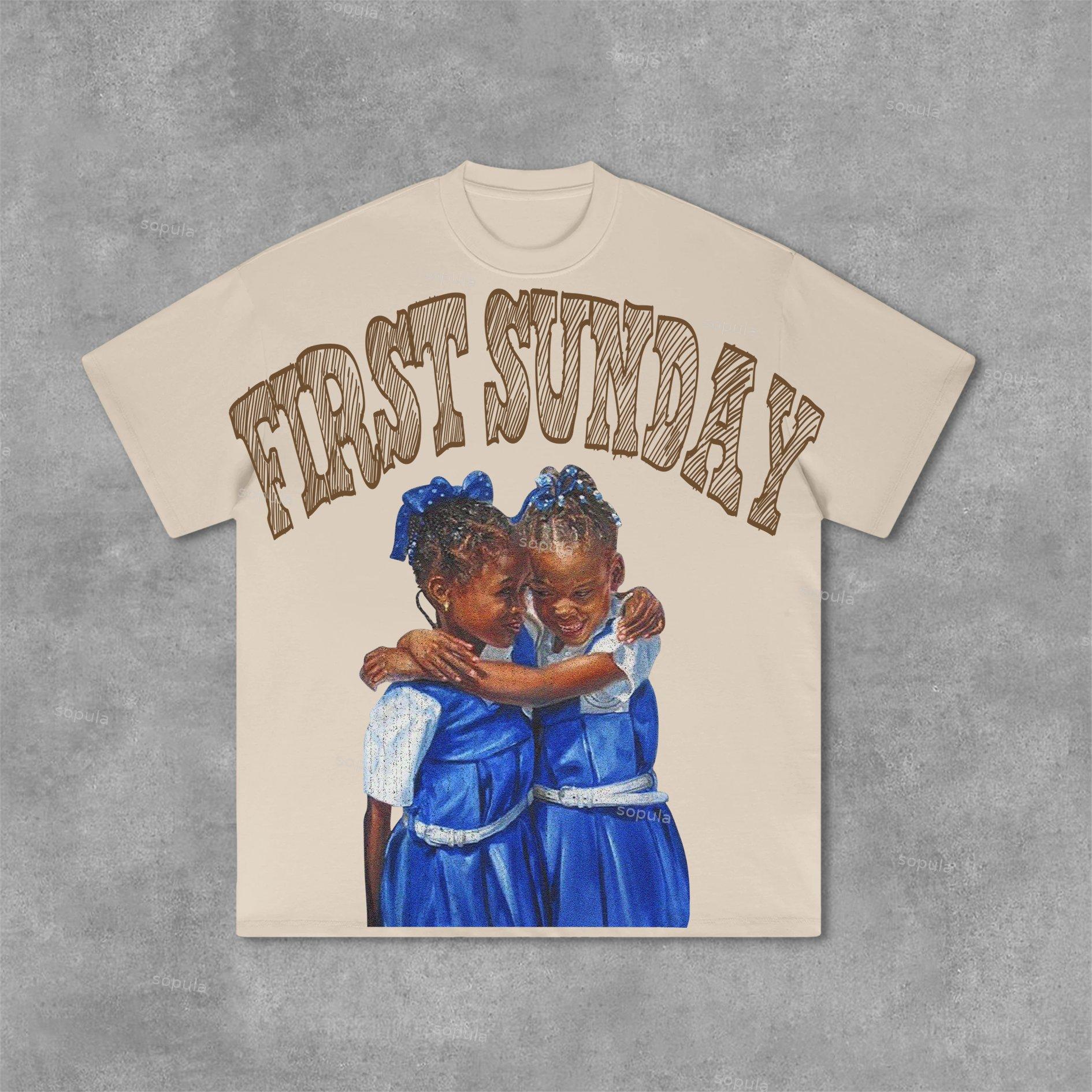 Retro First Sunday Faith Graphic Print Cotton T-Shirt Product Image