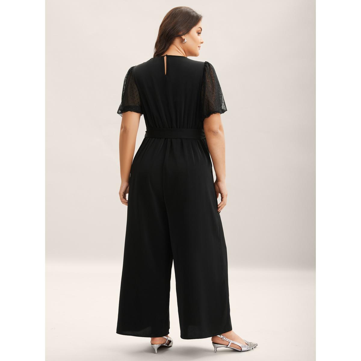 Plus Size Black Sheer Stretchy Waist Belted Solid Jumpsuit Women Office Half Sleeve Overlap Collar Office Loose Jumpsuits BloomChic 18-20/2X Product Image