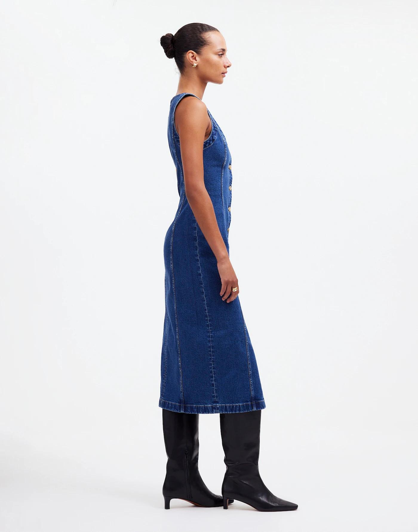Denim V-Neck Midi Dress Product Image