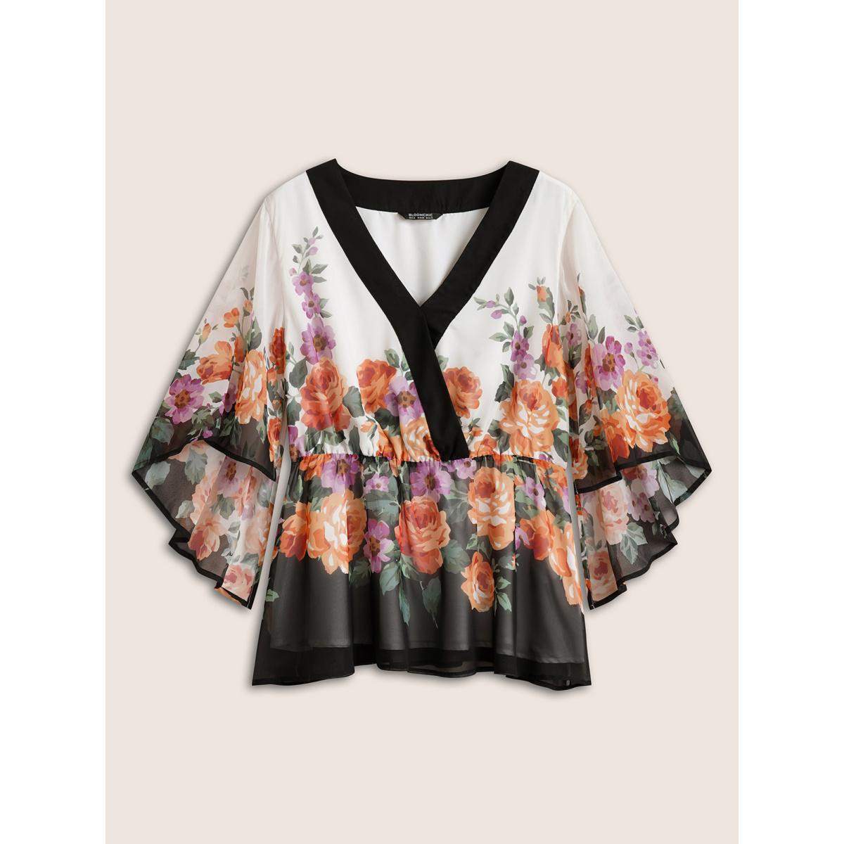 Plus Size Multicolor Floral Contrast Trim Elastic Waist Flutter Sleeve Blouse Women Cocktail Half Sleeve V-neck Party Blouses BloomChic 12/L Product Image
