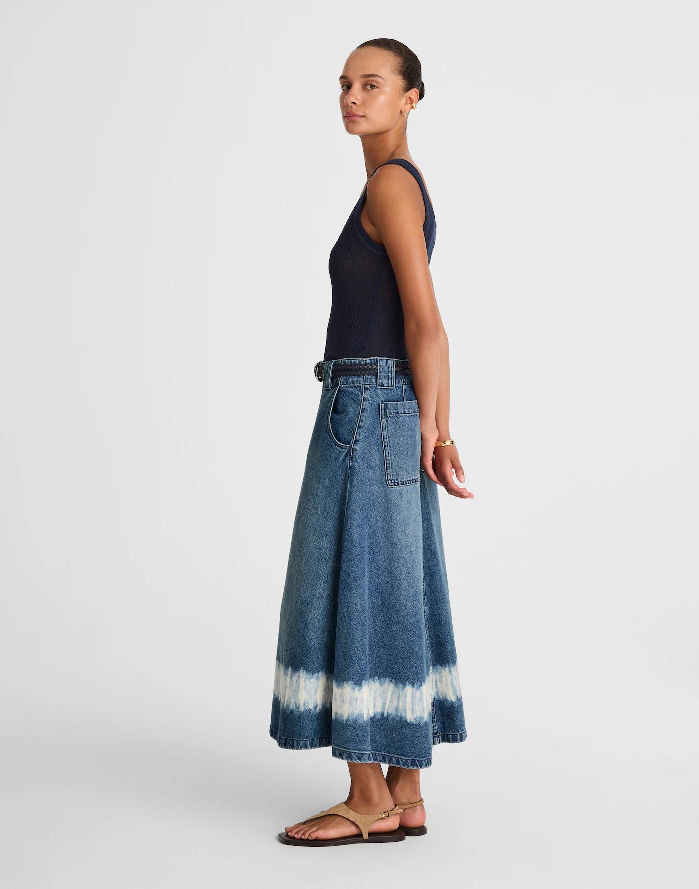 Shibori Denim A-Line Midi Skirt Product Image
