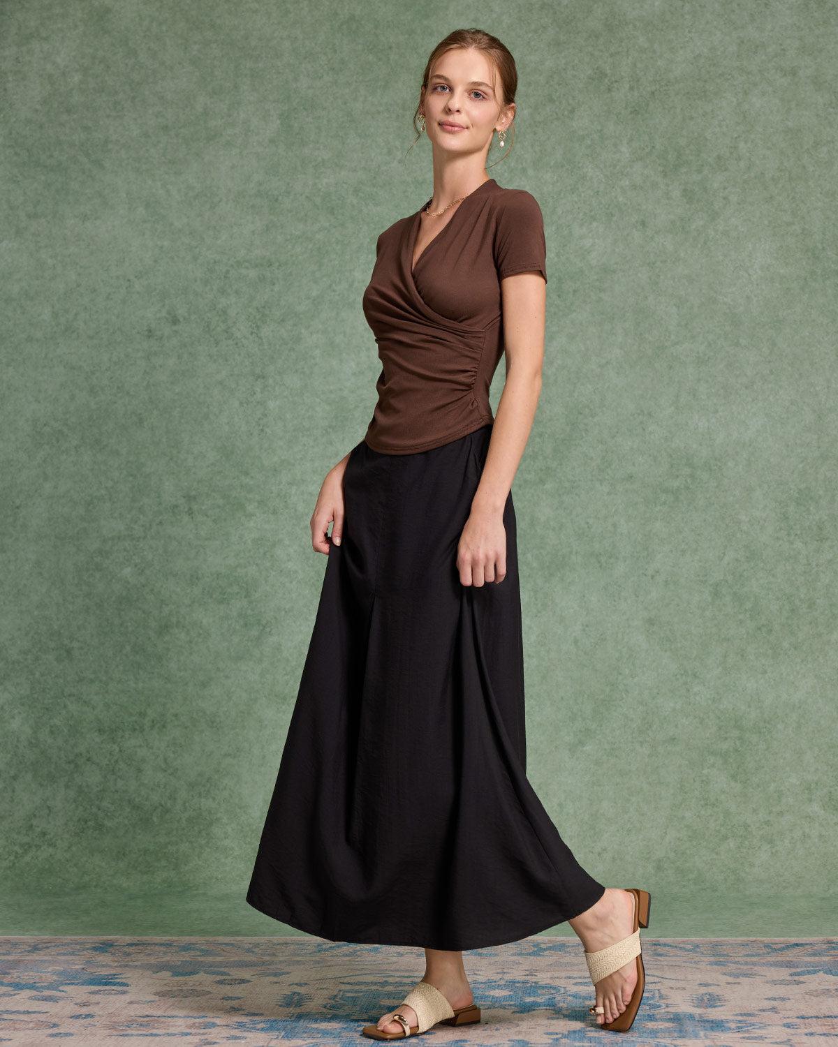 Brown Ruched Slim Knit Tee Product Image