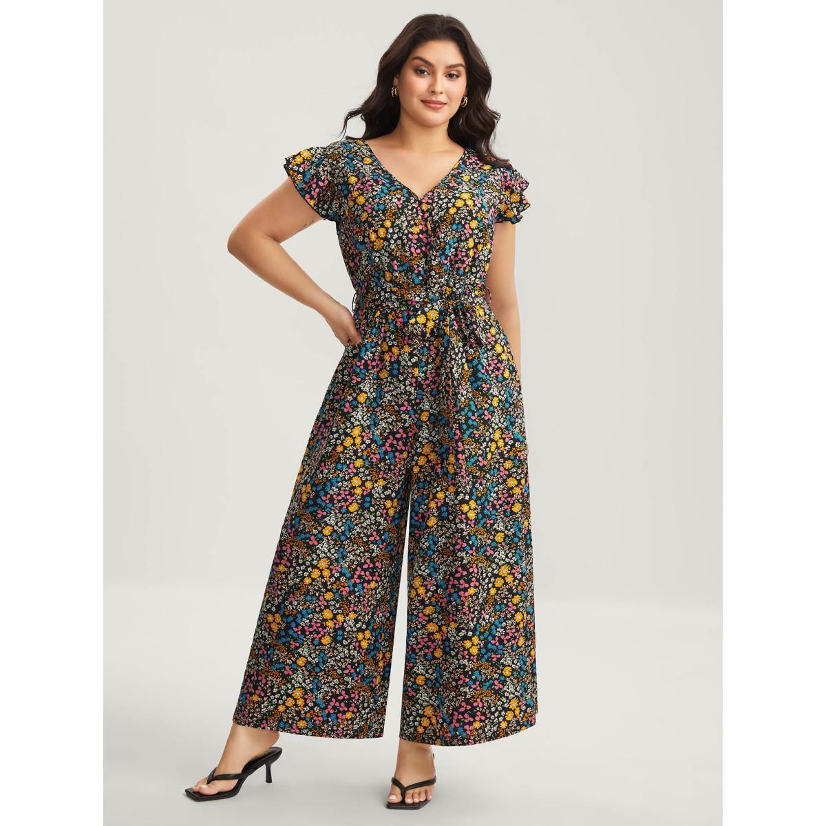 Plus Size Black Floral Print Belted Ruffled Sleeve Jumpsuit Women Timeless Cap Sleeve V-neck Elegant Loose Jumpsuits BloomChic 10/M Product Image