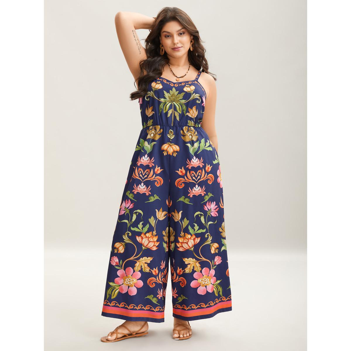 Plus Size DarkBlue Tropical Flowers Print Pockets Cami Jumpsuit Women Resort Sleeveless V-neck Vacation Loose Jumpsuits BloomChic 30/6X Product Image