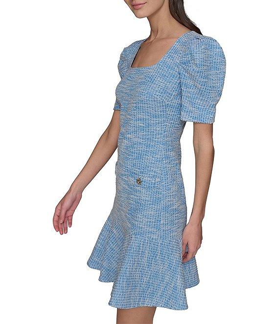 KARL LAGERFELD PARIS Tweed Square Neck Short Sleeve Rhinestone Button Detail Fit and Flare Mini Dress Product Image