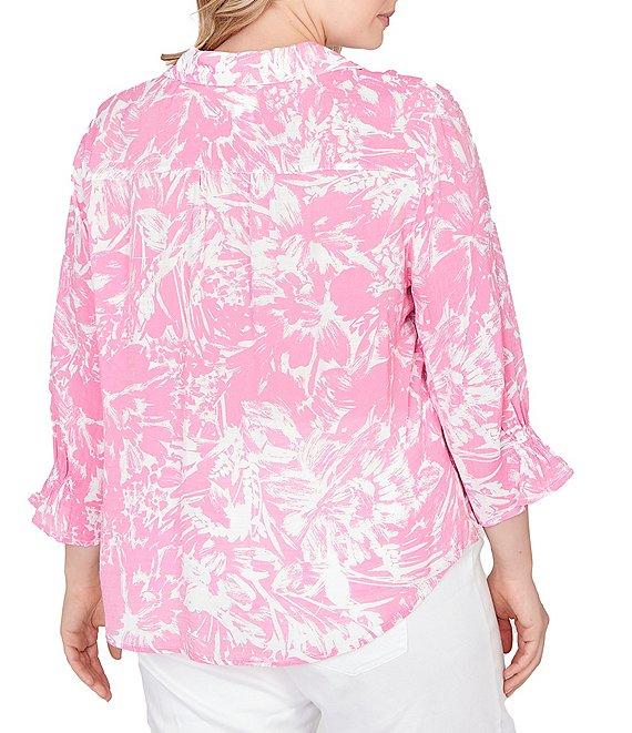 Ruby Rd. Plus Size Silky Slub Woven Brushstroke Floral Collared V-Neck 3/4 Sleeve Top Product Image