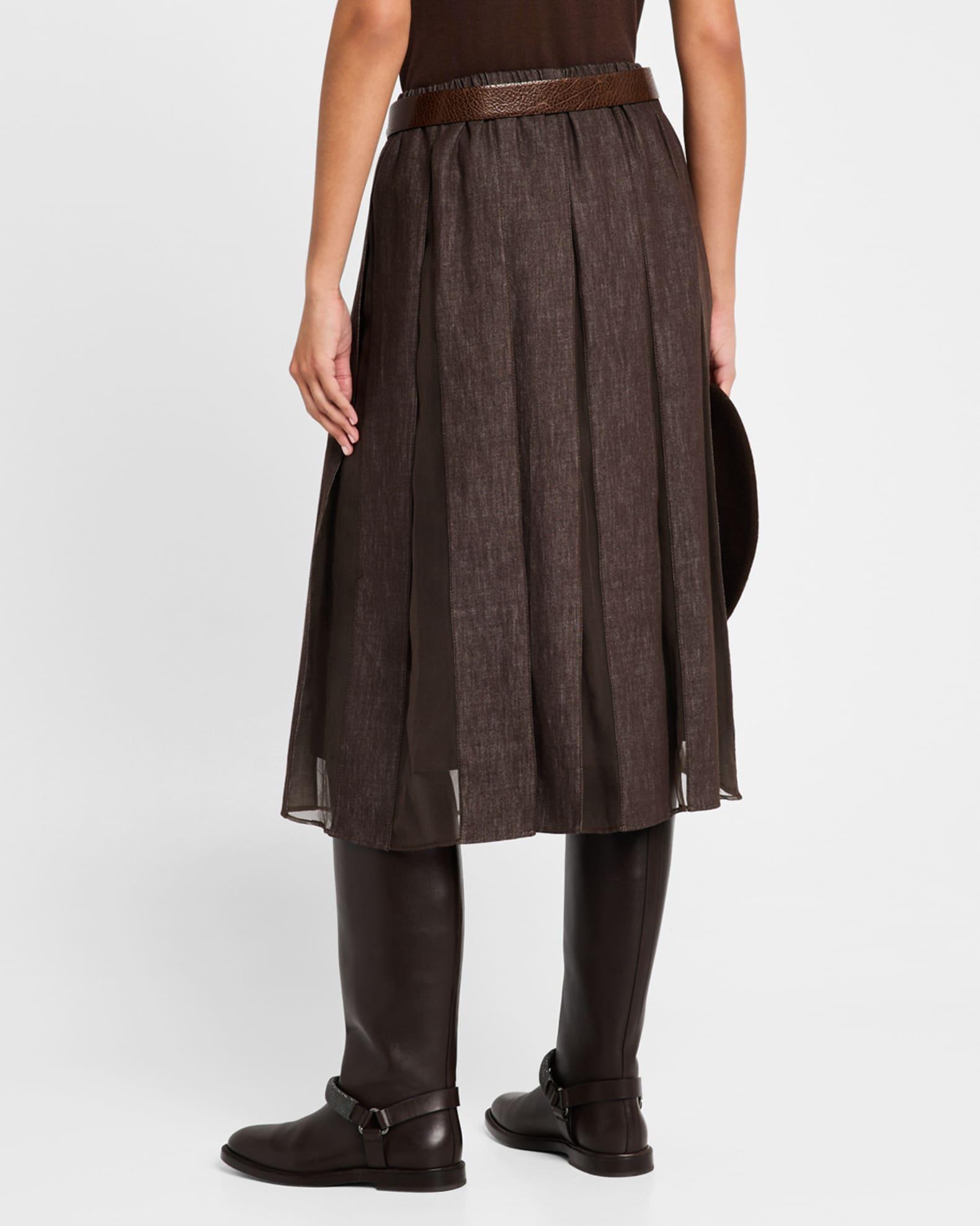 Pleated Denim Midi Skirt with Organza Panels Product Image
